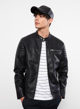 Slim Fit Stand Collar Men's Leather Look Coat view 1