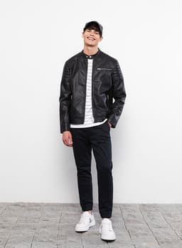 Slim Fit Stand Collar Men's Leather Look Coat view 2