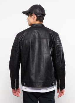 Slim Fit Stand Collar Men's Leather Look Coat view 3