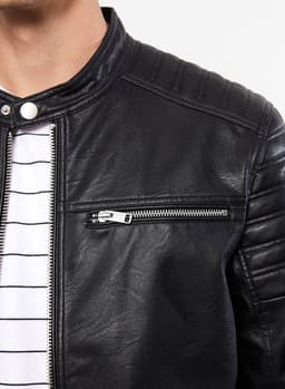 Slim Fit Stand Collar Men's Leather Look Coat view 7