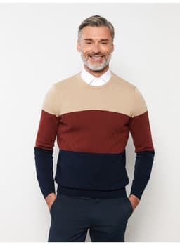 Crew Neck Long Sleeve Men's Tricot Sweater with Color Block view 1